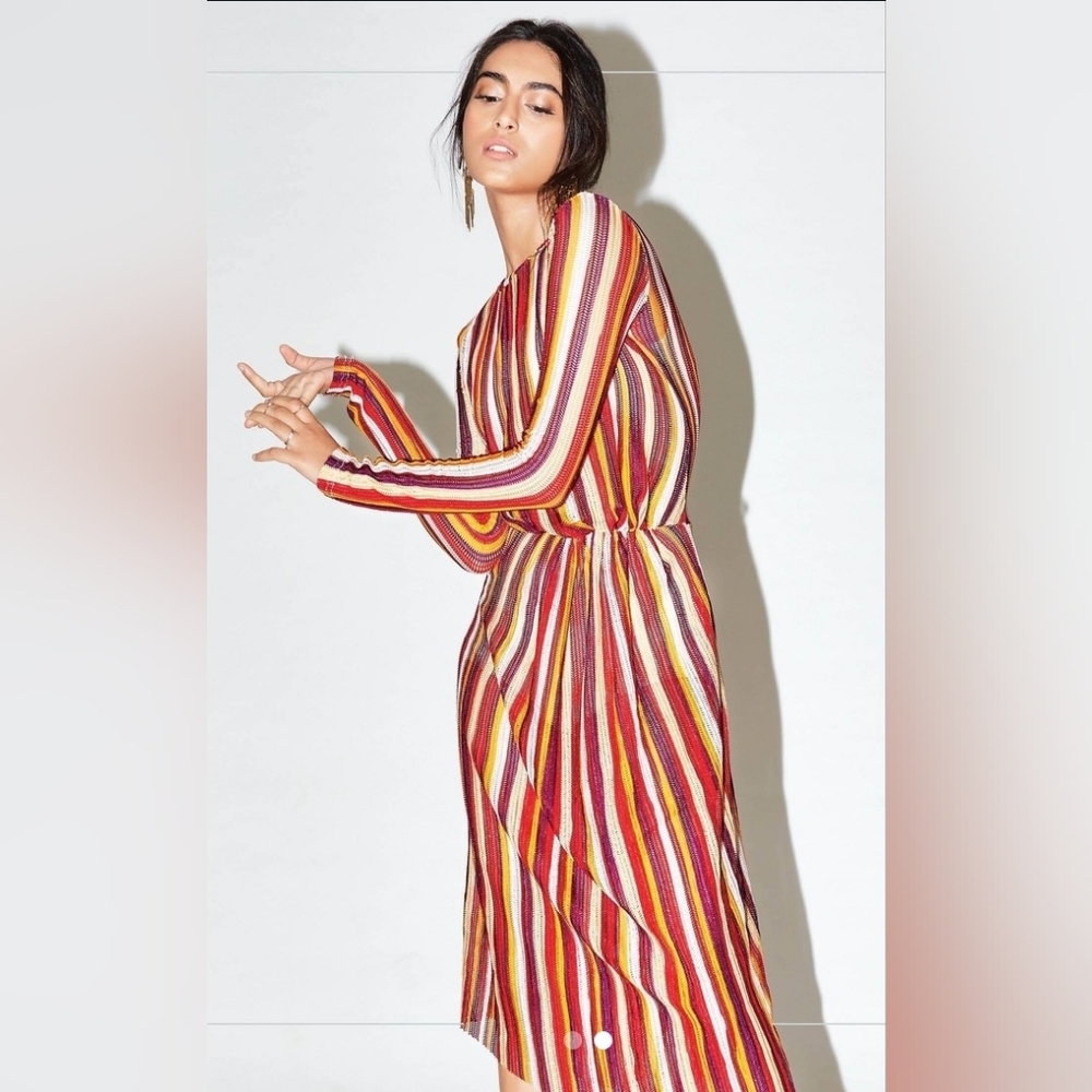 Zara Trafaluc Long-Sleeve Striped Midi Dress in Multicolor Stripes, Size M